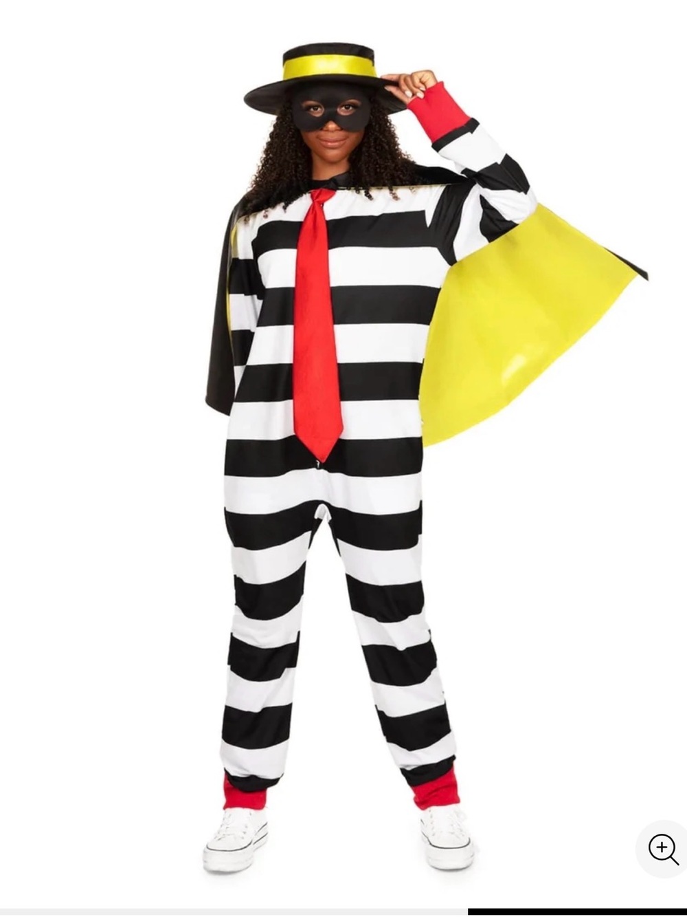 Tipsy Elves Black & White Striped Jumpsuit with Red Tie and Yellow Cape Unisex - Picture 2 of 6